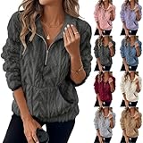 Damen Cable Fuzzy Fleece Pullover Sherpa Herbst Viertel Reißverschluss Pullover Warm Oversized 3/4 Zip Sweatshirt mit Tasche, dunkelgrau, L