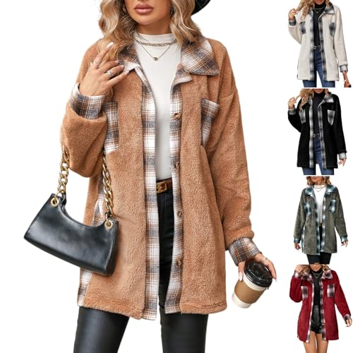Shackets for Women 2025 Sherpa Fleece Button Down Plaid Long Coat Lapel Hooded Fleece Lined Jacket Fashion Color Block Tops