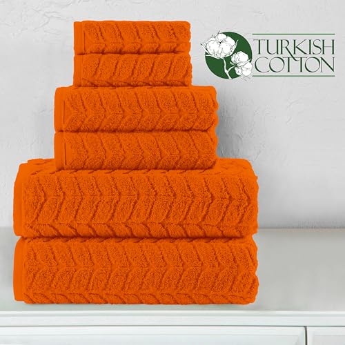 Image of Elegant Comfort Luxury 6-Piece 100% Turkish Cotton Jacquard Braided Textured Premium Hotel Quality Towel Set- Soft and Absorbent, Includes 2 Bath Towels, 2 Hand Towels and 2 Washcloths, Vibrant Orange