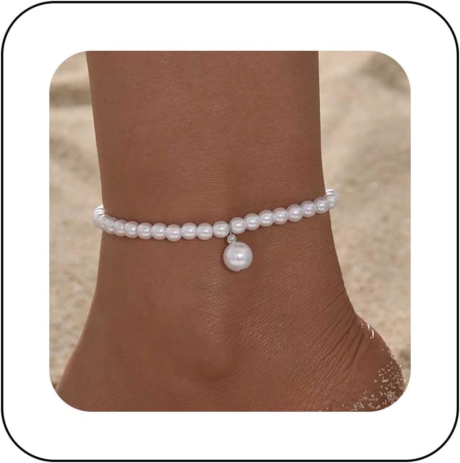 Boho White Pearl Anklet Pearl Dangle Anklet Pearl Bead Anklet Bracelet Pearl Anklet Foot Chain Pearl Stretch Anklet Summer Beach Anklet Jewelry for Women