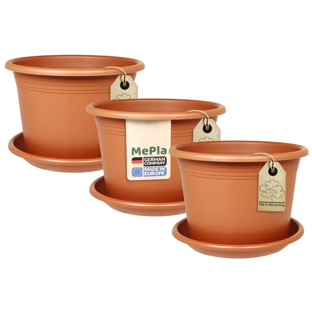 MePla Juego de 3 macetas Cylindro de 60 cm de diámetro + platillo de 58 cm de diámetro, resistente a la intemperie, de plástico resistente a los rayos UV