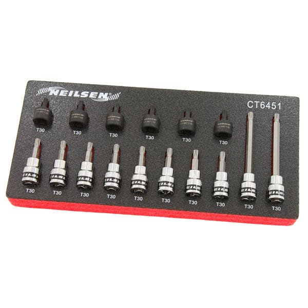 Neilsen CT6451-16pc 3/8in Drive T30 Star Bit Socket Set – Ideal for Automotive & Mechanical Use – 30mm, 50mm, 100mm – CRV & CRMO Steel