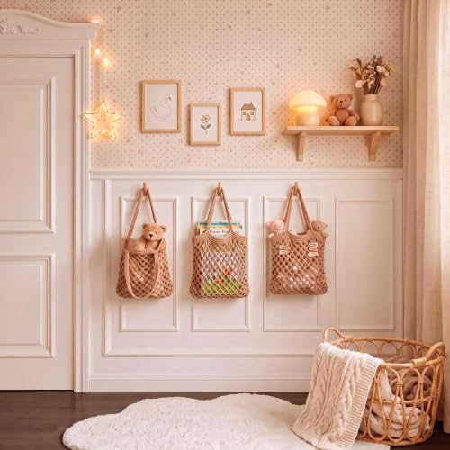 Image of Honeydak 3 Hanging Baskets, Light Linen, Mesh, Cotton Rope
