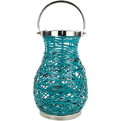 Northlight Modern Turquoise Blue Decorative Woven Iron Pillar Candle Lantern with Glass Hurricane, 13.5