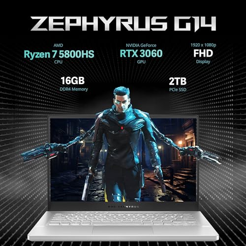 Image of ASUS 2022 ROG Zephyrus 14 inch FHD 144Hz Gaming Laptop, AMD Ryzen 7-5800HS Processor, 16GB RAM, 2TB PCIe SSD, Backlit Keyboard, NVIDIA GeForce RTX 3060 Graphics, Windows 11, White, 32GB USB Card