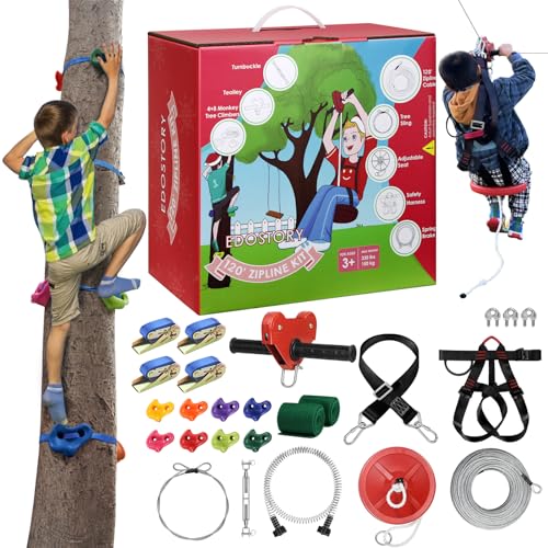 Image of 120 Feet Backyard Zip Line Kit for Kids and Adult Outdoor Up to 330lb Zipline with Spring Brake and Safety Harness with 4 Tree Climbers, Christmas and Birthday Gifts for Kids(Red)