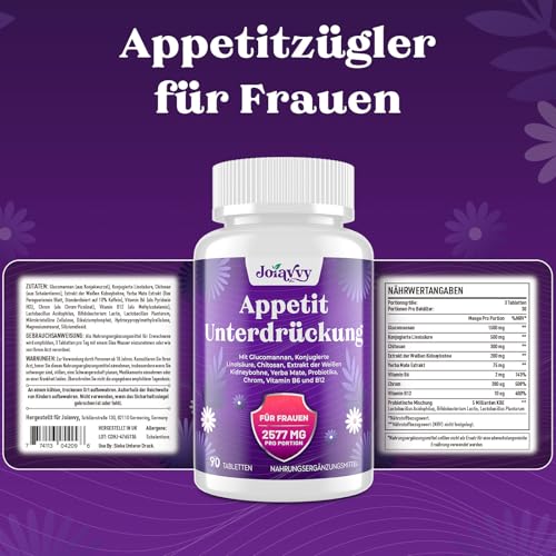 Appetitzügler für Frauen 2577mg, Hochdosiert Glucomannan aus der Konjak Wurzel, Schnell Stark Fettverbrenner, Optimiert mit Chrom, Grüntee Extrakt, Vitamin B12, Natürliche, Keto (90 Tabletten)