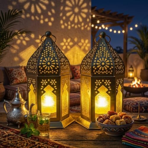 Image of Mini Metal Tea Light Lantern Set of 2 Yellow Candle Holder Home Decor | | Perfect for Living Room, Bedroom, Pooja Space, Festive Decor, Weddings, Housewarming & Gifting Ideal for Diwali, Wedding