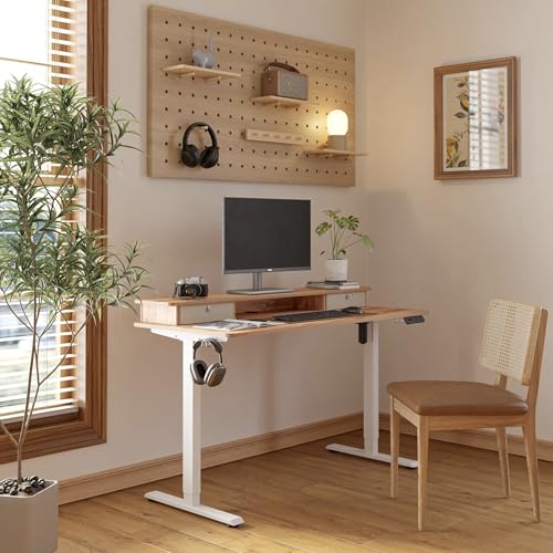 Image of FEZIBO 48 x 24 Inch Whole-Piece Height Adjustable Standing Desk with Double Drawers, Sit Stand Desk, Home Office Stand Up Table with 4 Height-Adjustable Feets & 2 Hooks, Light Rustic Top