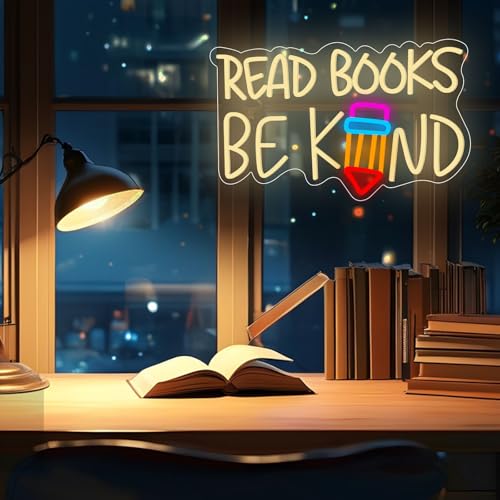 Image of Read Books Be Kind Neon Sign Dimmable Read Books LED Neon Lights for Book Lovers Gifts Bookstore Reading Room Library Study Room Decoration