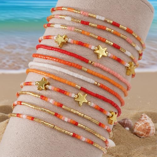 Dainty 12PCS/Set Gold Beaded Star Bracelets Stack for Women,Handmade Boho Colorful Beads Bracelet Fashion Prom Holiday Jewelry Gift Friendship Family4