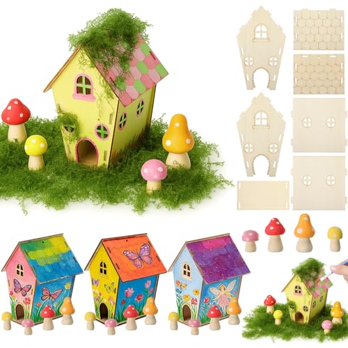 DoubleFill 3 Sets Wooden Fairy House Craft Kit for Kids...