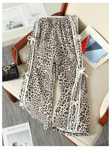 Floerns Girl's Y2k Cheetah Wide Leg Pants Elastic Waist Bow Leopard Baggy Trousers3