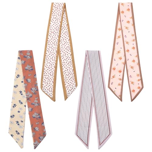 Skinny Fashion Scarves, 4pcs Boho Slim Purse 2.32in Skinny Scarf Women Narrow Neckerchief Floral Handbag Hair