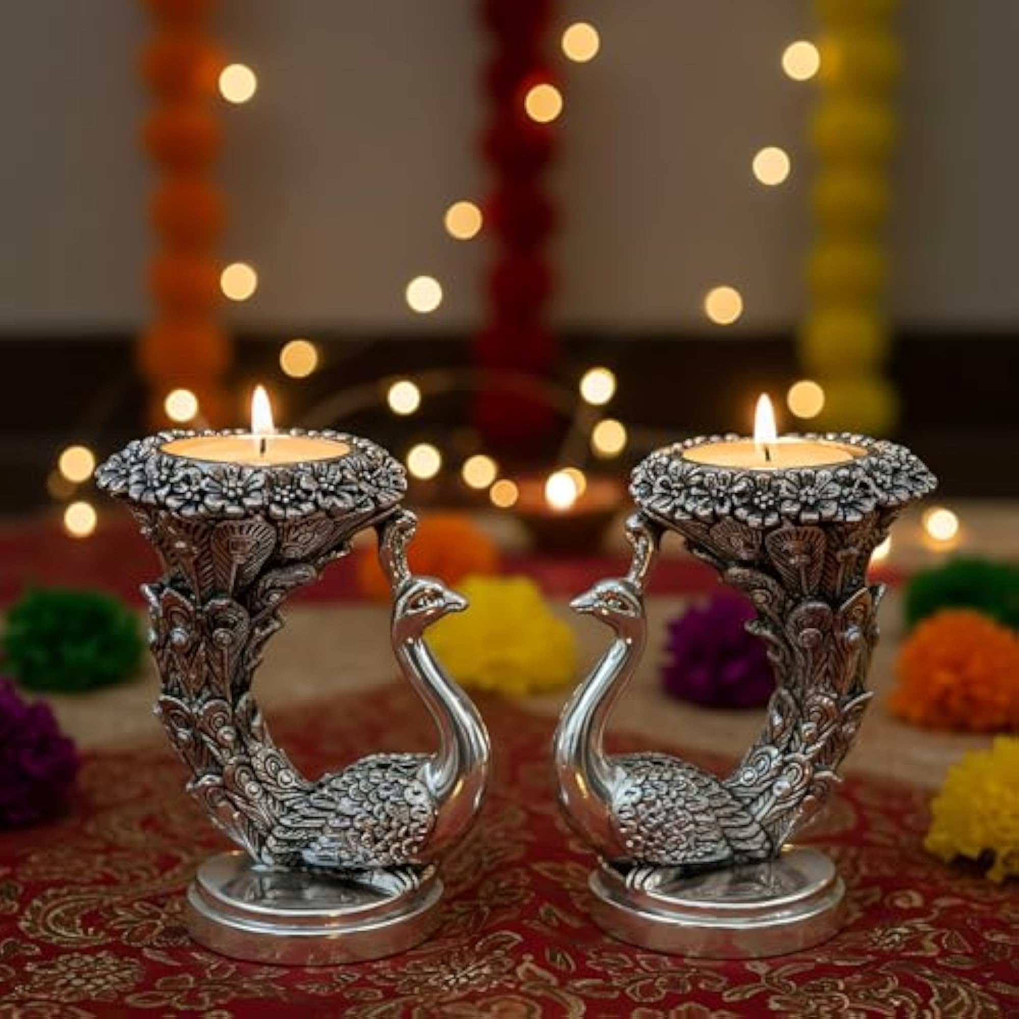 Pack of 2 Silver Plated Peacock Idol Candle Holders