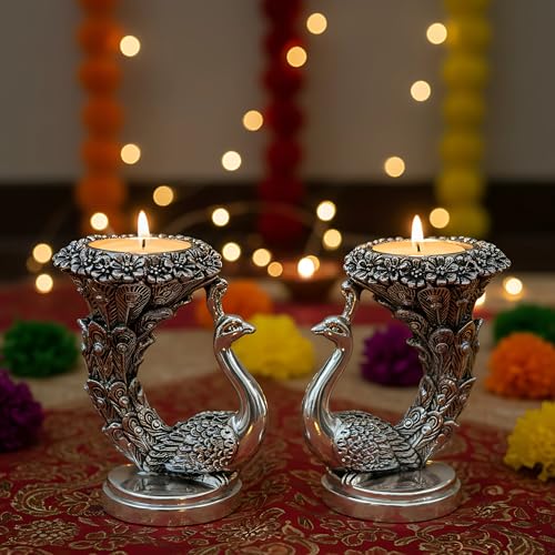 Image of 999 Pure Silver Plated Peacock Idol (Pack of 2) - 9.5 cm Height - Luxury Decorative Tabletop Showpiece & Candle Holder - Elegant Home Interior Decor Accents - Premium Gift Set