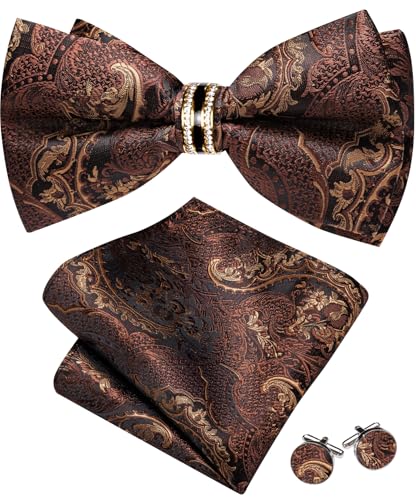 Image of YOHOWA Mens Bow Tie Set Paisley Pre-tied Bowties Adjustable with Handkerchief Cufflinks Gold Ring Set Wedding Prom Party