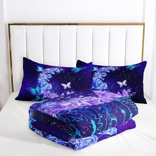 Image of AILONEN Rose Comforter Set Full Size,Galaxy Moon Rose Bedding Set,Blue Butterfly Floral Bed in a Bag Duvet Set 3 Pieces, 1 Quilt and 2 Pillowcases