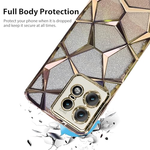 Image of VONZEE Gradient Glitter Case for Moto Edge 50 Pro, Luxury Electroplated 3D Cube, Diamond Bling Shiny Soft TPU Clear Shockproof Case Women Girls Protective Phone Cover (Gold)