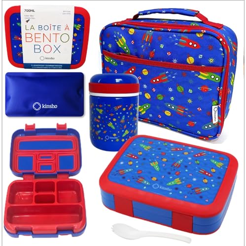 Image of Bento Box with Thermo Stainless Steel Food Jar for Hot-Cold Food or Soup, Insulated Lunch Bag & Ice Pack Set for Kids or Toddlers. Ages 3-7, Blue Space Rockets
