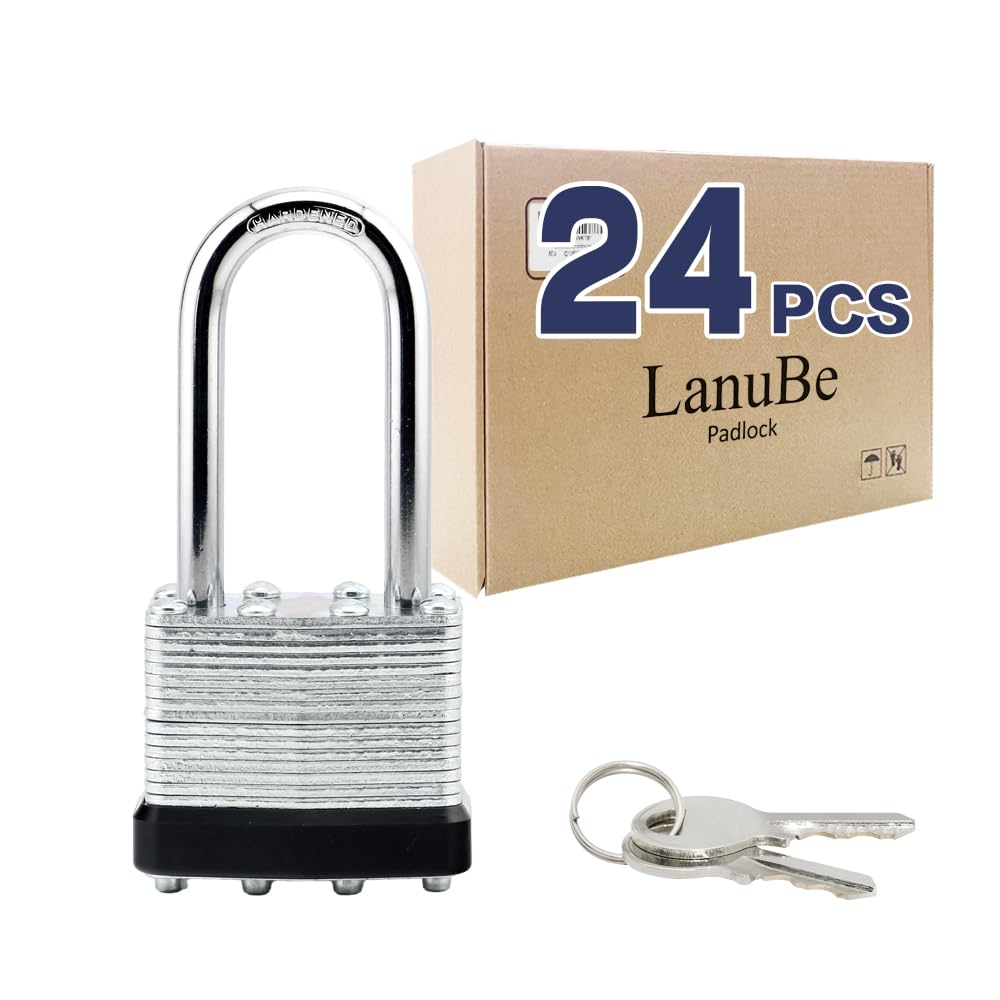 LanuBe Candado laminado con llave (1-9/16 pulgadas, 40 mm), cerraduras con llave igual, grillete largo, aro de plástico negro marcado, paquete de 24