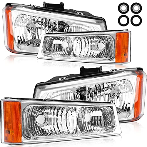 POEMSEA 2003-2006 Silverado Headlight Assembly Headlights for 2003 2004 2005 2006 Chevy Silverado/Avalanche 1500/2500/3500 Headlamp Replacement Left and Right Chrome Housing Clear Lens