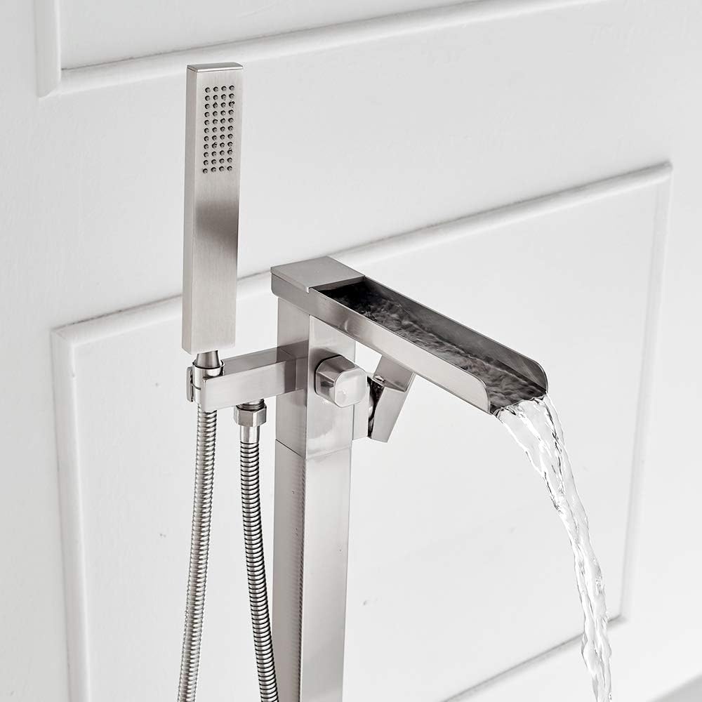 Suреr Brаndѕ JingGang Waterfall Tub Filler Freestanding Bathtub Faucet Floor Mount Luxury Solid Brass High Flow Rate Single Handle Bathroom Faucets with Hand Shower, Brushed Nickel