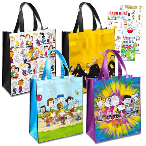 Peanuts Tote Bags for Kids, Adults - 7 Pc Bundle with 4 Snoopy and Charlie Brown Tote Bags Plus Stickers, More | Snoopy Gifts for Kids
