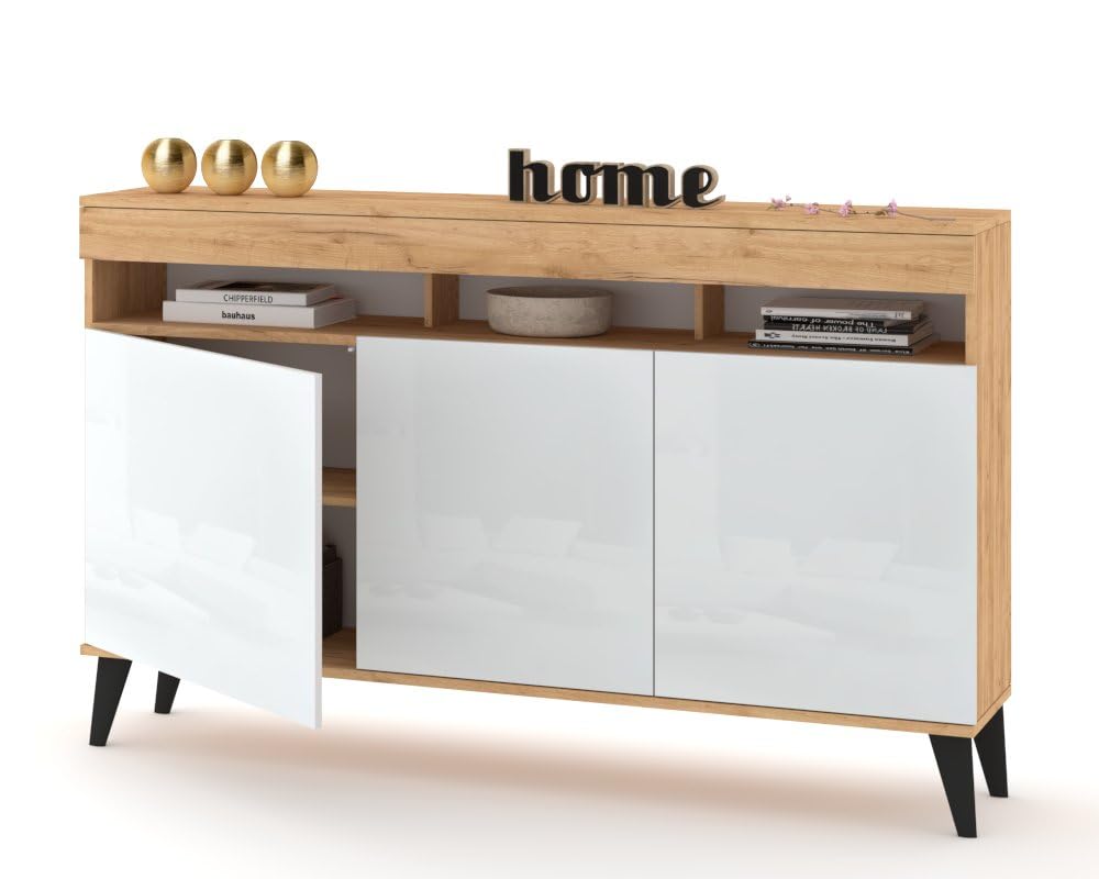Euro Style Große Kommode Fernsehschrank Sideboard 120cm Skandi Golden Eiche/Weiß Hochglanz