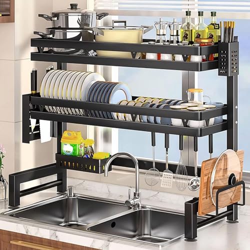 3-Tier Over The Sink Dish Drying Rack with Silver Holder Caddy Kitchen Organizer for Space-Saving Adjustable Size 85cm
