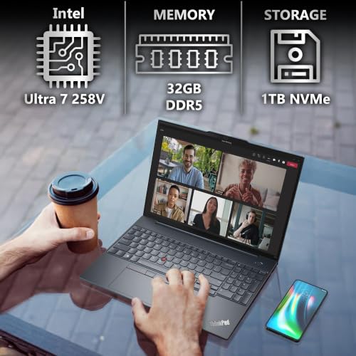 Image of Lenovo ThinkPad T16 Gen 4 Business Laptop, 16 inch WUXGA IPS Display, Intel Core Ultra 7 258V (Beats i7-1355U), 32GB DDR5 RAM, 1TB SSD, WiFi 6E, Backlit KB, Fingerprint Reader, Windows 11 Pro - Black