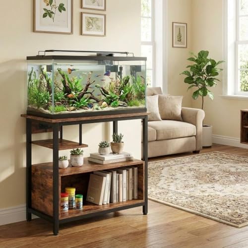 Garvee Aquarium Unterschrank Grau, Stabiler Aquariumschrank mit Metallrahmen, Fisch Tank Schrank mit Stauraum, Moderne Holzoptik Möbel