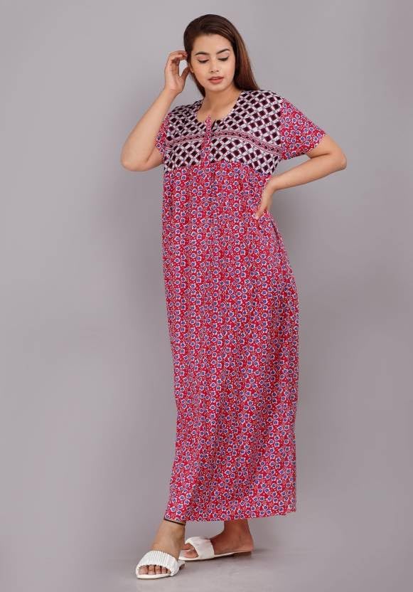 Image of Women Flower Printed Casual Wear Cotton Nighty - Gown-MFNT5014