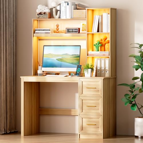 LVSOMT 40” Home Office Desk with Hutch and Drawers, Computer Desk with Power Outlets and LED Light, Study Writing Gaming Table with Storage Shelves, Workstation for Bedroom, Wood