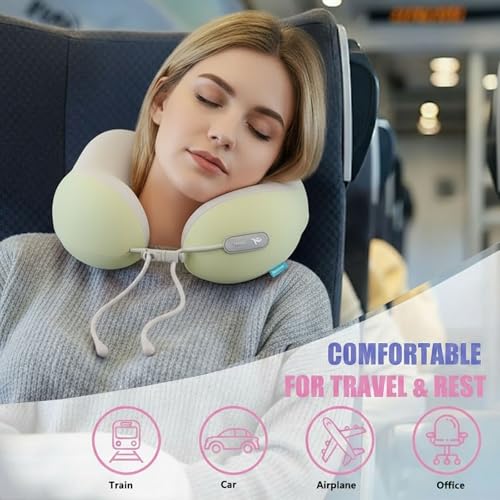Image of Travel Pillow with Cool Material,Neck Pillow for Traveling 100% Pure Memory Foam,Travel Neck Pillow with Hard Case, Airplane Pillow for Traveling,Travel Essentials(Green)
