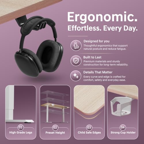Image of V ONE Electric Standing Desk | Compact 1-Piece Top | 70Kg Weight Capacity | 3 Memory Preset | 5 Year Warranty | Built-in Cup & Headphone Holder | Home Office (White Oak, 100 * 60 CM)