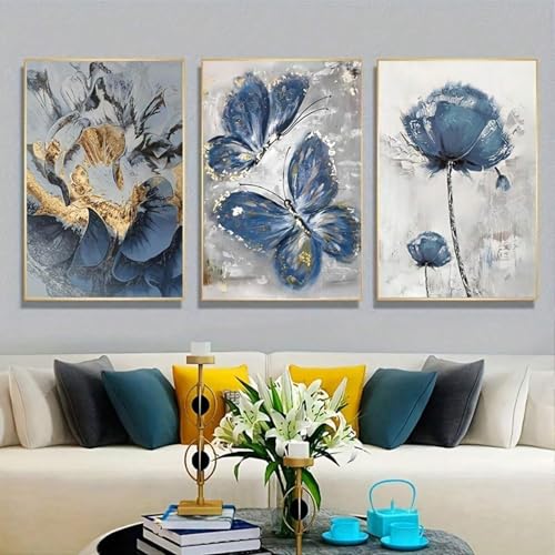 Peinture à l'huile de luxe fleurs et papillons triptyque haut de gamme