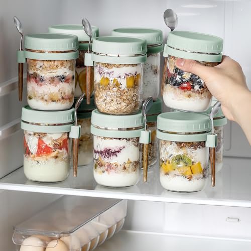 Image of LANDNEOO 4 Pack Overnight Oats Containers with Lids and Spoons, 16 oz Glass Mason Jars with Airtight Lids, Overnight Oats Jars for Milk, Cereal, Fruit-Green