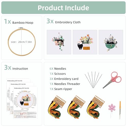 Image of KEKEMEOW 3 Sets Embroidery Kit for Beginners, Stitches with Black Cat and Flowers, Embroidery Stitch Practice kit for Adults Craft Lover, Needlepoint Hand Embroidery Kit with Pattern、Instruction、Hoop