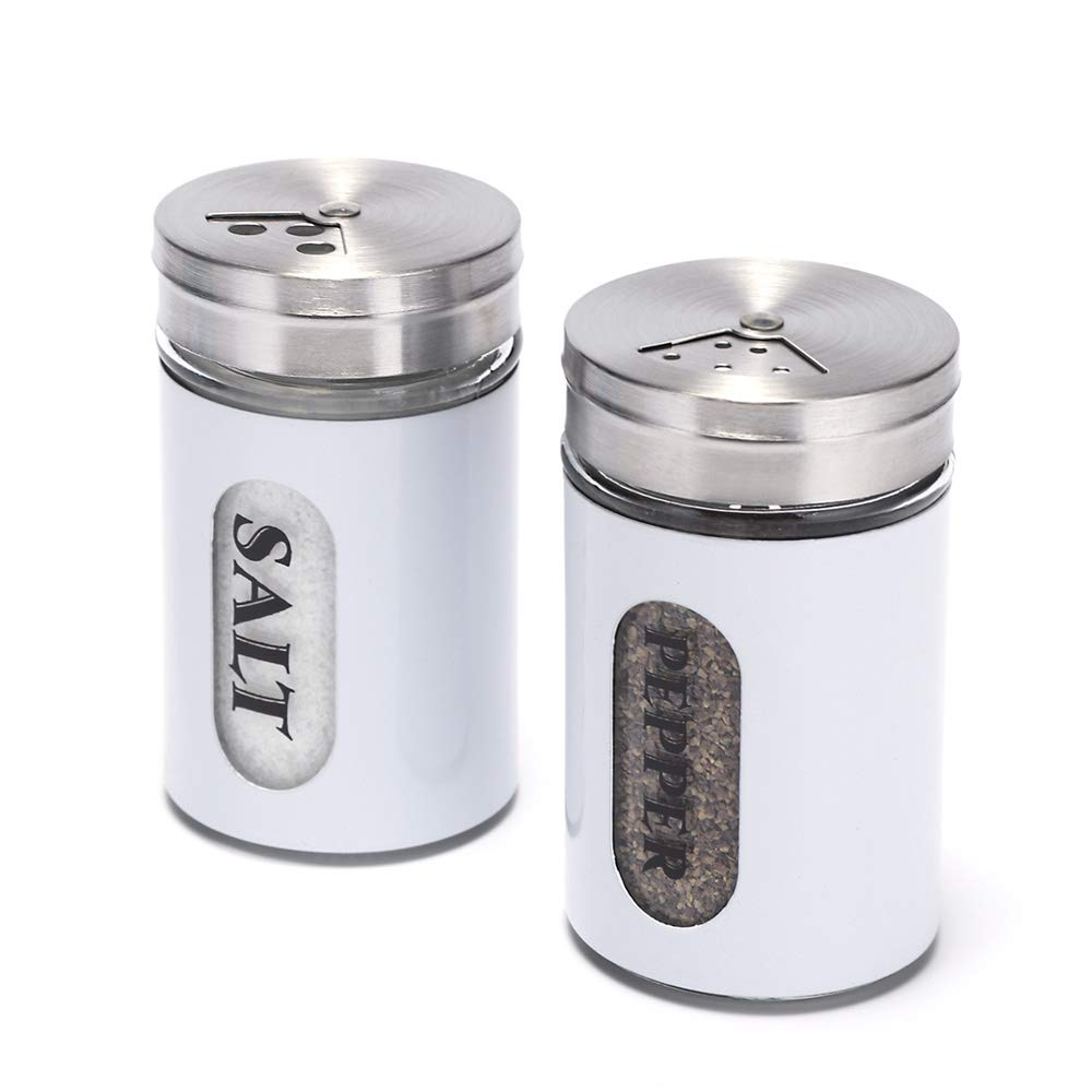 Salt and Pepper Shakers Stainless Steel and Glass Set with Adjustable Pour Holes (White)