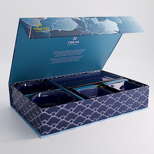 TOKYO design studio, Grau, Set mit 2 Teller + 2 Sauce Schalen + 2 Reis Schalen+ 2 Essstäbchen, 8-TLG, Steingut Besuche Store (Dunkelblau)