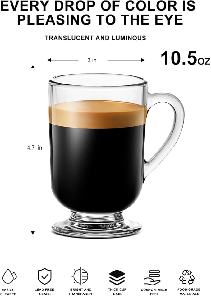 Image of PrimeWorld Glass Coffee Mugs Set of 4 - 310ml Latte Cups | Clear Glass Mugs with Handles for Coffee, Tea, Cappuccino, Latte, Milk, Juice & Hot Chocolate