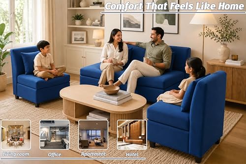 Image of 3+1+1 Modern Velvet Fabric Sofa Set for Living Room | Three Seater Sofa with 2 Single Seater Chairs | for Home, Office| Blue