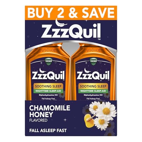 ZzzQuil Liquid Sleep Aid Soothing Sleep Diphenhydramine 50mg HCl Chamomile Honey Flavored Nighttime Sleep Aid Liquid Sleep Aids for Adults 2 Pack 24 FL OZ