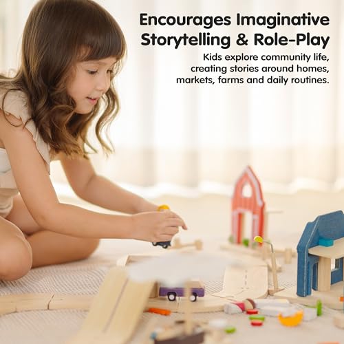 Image of PlanToys Wooden Neighborhood Roadway Playset Montessori Kids Building Play | toy cars, toy car track, girls, boys, city planning, imaginative fine motor problem solving gift preschool learning cute