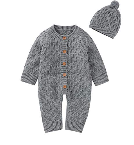 Image of JunNeng Baby Newborn Cotton Knitted Sweater Romper Longsleeve Outfit with Warm Hat Set