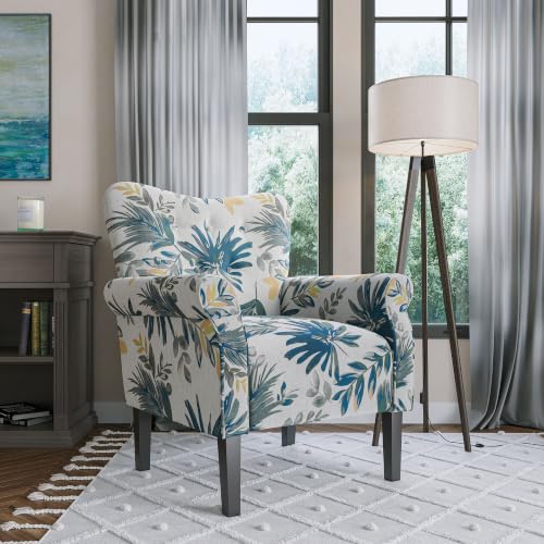 Image of BELLEZE Modern Accent Chair, High Back Armchair, Upholstered Wingback Side Chair, Padded Single Sofa with Wooden Legs for Living Room, Bedroom - Green Blue Floral