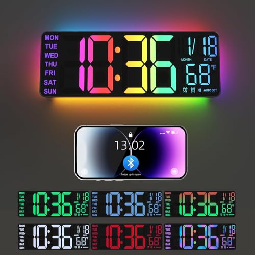 Image of YISILE Digital Wall Clock Large Display, 13 inch Large Digital Wall Clock with RGB Color Remote Control, Automatic Brightness Dimmer Big Clock with Night Lights, Auto DST, Date Week,Perfect for Gift