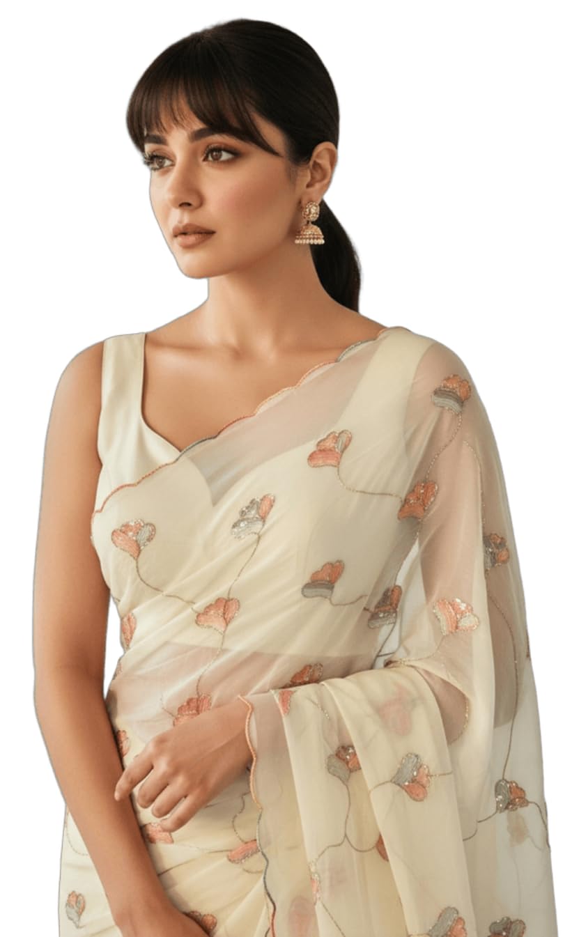 glory sarees Women's Georgette Sequin & Beads Embroidery Work Scallop Border Saree With Blouse Piece (Beads_Sequence101_Parent)-picture-13