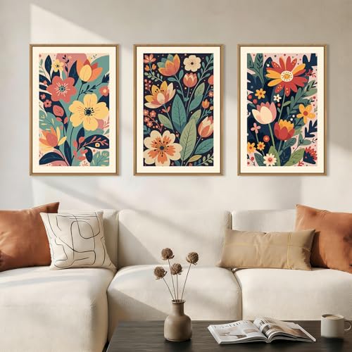 Image of KAIRNE Vintage Colorful Floral Framed Canvas Wall Art Set,Mid Century Modern Flower Wall Decor,Retro Wildflower Art Prints,Boho Botanical Artwork for Living Room,Bedroom,Farmhouse,Office-16 x24 x3